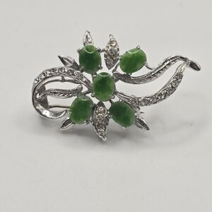 White Gold Plate Green Faux JADE Flower  Brooch pin Diamond Imitation